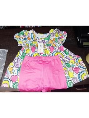 NEW PETE & LUCY GIRLS SET 3T PINK RAINBOW TOP DRESS PANTS OUTFIT